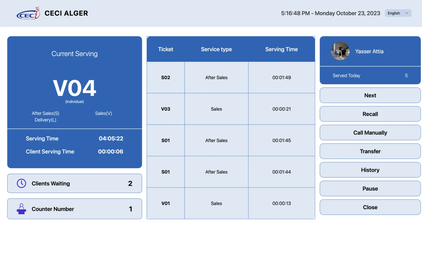 Interface Ignite QMS pour appeler, rappeler et transférer les patients aux guichets d’accueil