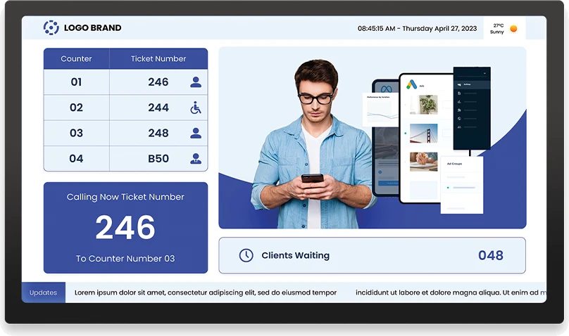 Écran Ignite QMS affichant les numéros de tickets et de guichets