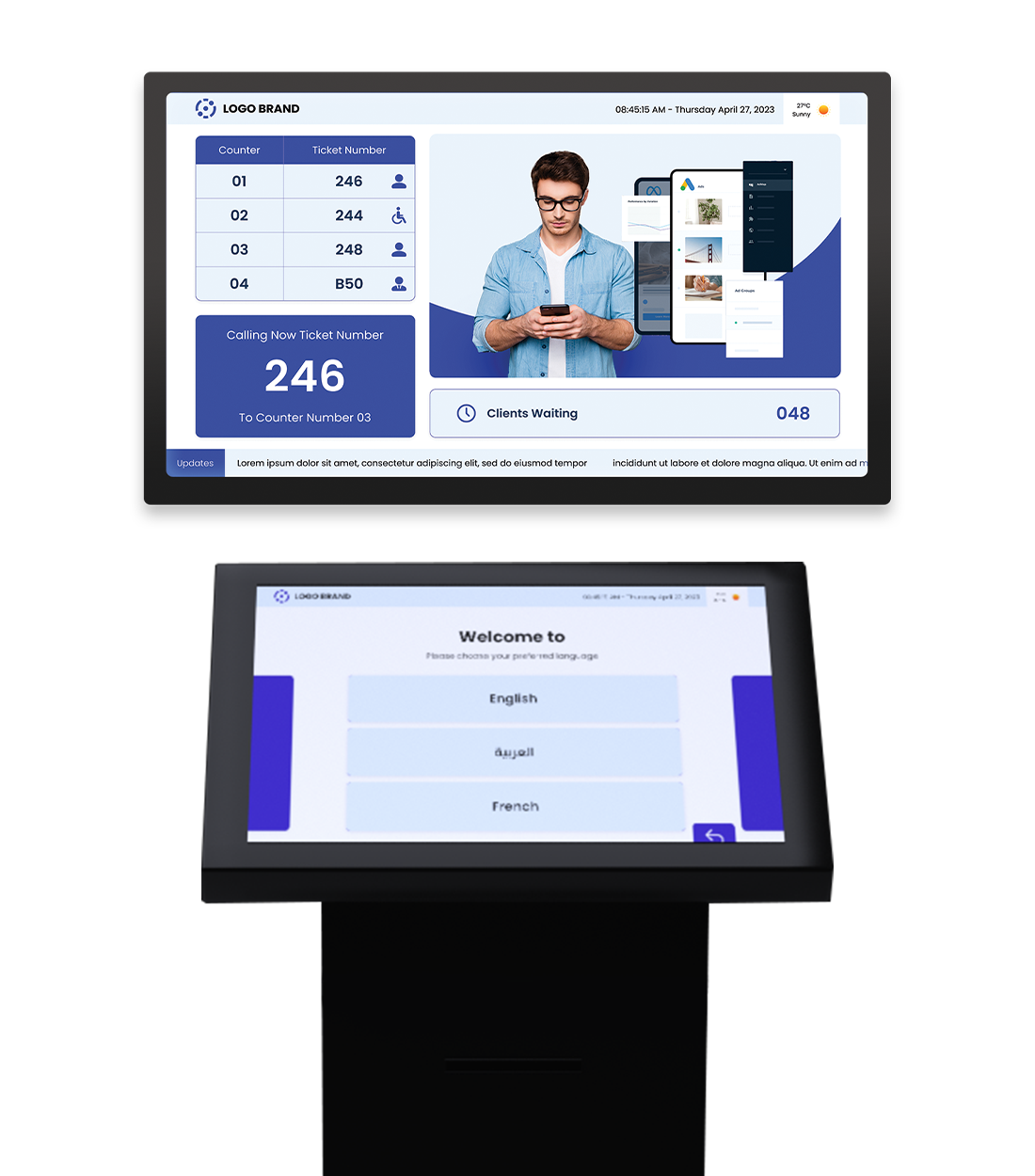 موزع تذاكر بشاشة لمس وشاشة نداء Ignite QMS